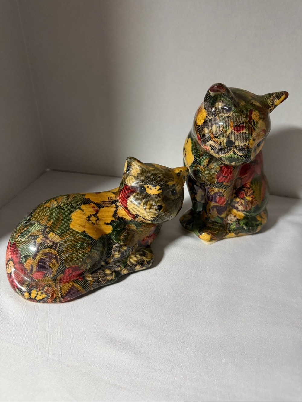 Vintage floral decoupage ceramic cat figurines grandma core patchwork style GUC